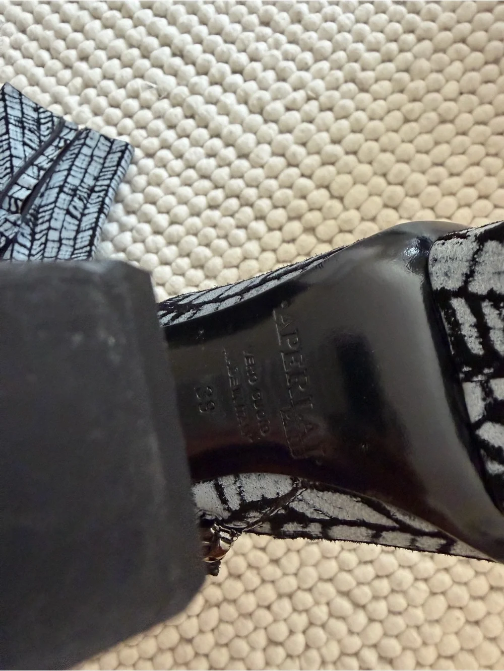 Aperlai Black & Gray Patterned Ankle Booties with Sculpted White Heel